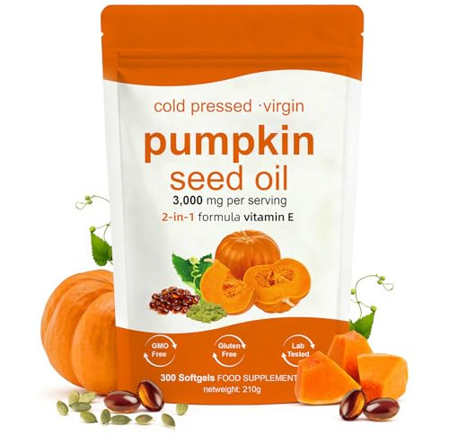 Pumpkin Seed Oil Capsules - 300 Softgels | 3000mg Per Serving, Cold Pressed Virgin Pumpkin Oil, Rich in Omega 6, Omega 9, Supports Hair Growth, Skin Health, Prostate & Bladder Function | Vegan,Non-GMO
