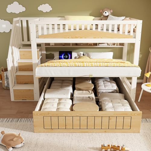 BTM High Sleeper Bunk Beds for Kids, Bunk Bed with Staircase & Bed Box Storage and USB Charging, Children's Double Bed for Family, (90+135) x190cm, White & Natural(No Mattress)