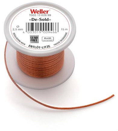 Weller T0051302899 avlödningsspole | 15 m spole | bredd 2,5 mm | Flödesmedelsdränkt kopparnät | Snabb och ren borttagning av lödtenn | För elektronik och kretskort reparation