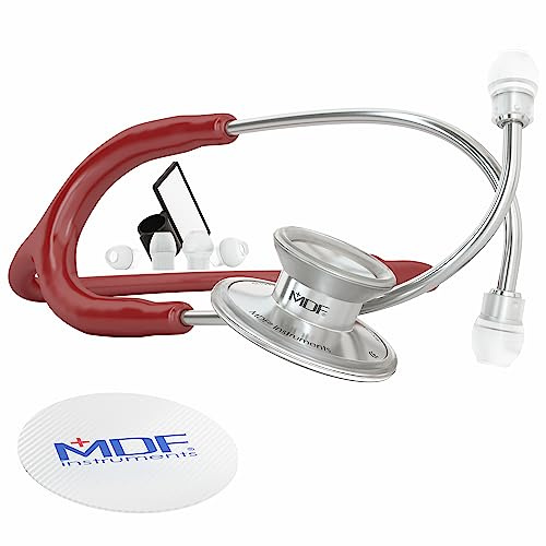 MDF Instruments, Acoustica Lightweight Stethoscope for Doctors, Nurses, Students, Home Health Use, Adult, Dual Head, Burgundy Tube, Silver Chestpiece-Headset, MDF747XP17
