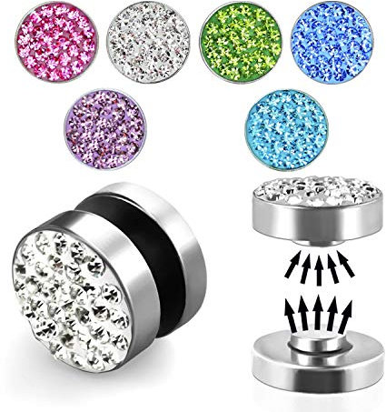 Treuheld® | Silberner Magnet Fake Plug/magnetischer Ohrstecker mit Kristallen in Pink/Rosa | Chirurgenstahl | 8mm | Damen, Kinder + Jugendliche