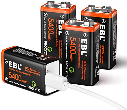 EBL 9V Akkus- USB wiederaufladbare batterien 1,5 V 5400 mWh, Micro-Ladekabel - Schnellladung in 2 Stunden (4er Pack)