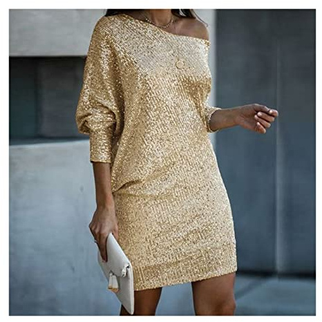 Kvinnor Paljetter Klänningar - Oregelbunden Krage Glitter Party Vårsexiga Kort Kjol One Shoulder Backless Cocktailparty Klänning Höst Långärmad Pullover Klänningar,Gyllene,S