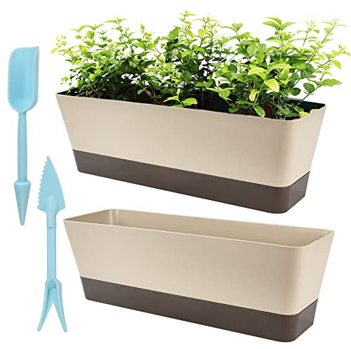 STCRERAG Succulent Plant Pot,2 Pcs Watering Planter Pot Rectangle with Drainage Holes and 2 Pcs Seedling Transplanter Long Shallow Pot for Bay Window,Kitchen Windowsill,Shelf,Coffee Table(Plastic)