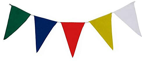 Wimpelkette (10 Meter) aus Stoff » grün-blau-rot-gelb-weiß (bunt) » Premiumqualität « Wind- und Wetterfest an Nylonseil, 4 Wimpel pro Meter, 100% Fahnenpolyester, robuster Fahnenstoff, Outdoor