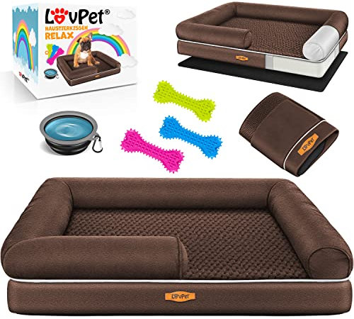 Lovpet® Orthopädisches Hundebett Hundekissen Hundekorb Relax, Inkl. Napf + 3X Kauknochen, Hundesofa für Kleine, Mittelgroße & Große Hunde, Bezug abnehmbar und waschbar, 106x80x22cm Braun