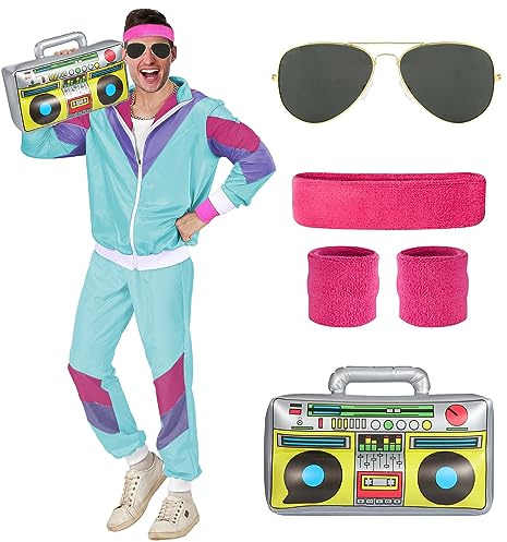 BIQIQI Costumi anni '80 anni '90 Uomo Donna, Costume da Tuta anni '80 Tuta Retrò con Occhiali da Pilota Fascia per polsini Gonfiabile Boom Box, Costume Anni '80 per Feste di Carnevale Halloween (L)