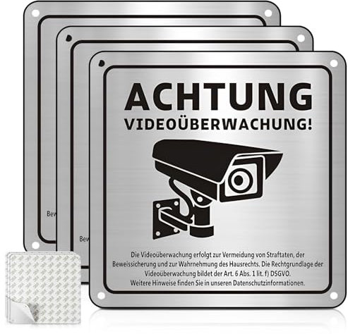 3pcs Schild Videoüberwachung mit DSGVO Hinweis, Alu Warnschild Kamera Überwachung, Achtung Videoüberwachung Schild 15x15 cm, kamera schild überwachung Wasserfest, Rostfrei, für Innen und Außenbereich
