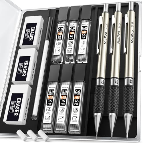 Nicpro Juego de portaminas de 0,9 mm con estuche, 3 lápices mecánicos de metal con 6 tubos HB #2 de repuesto de plomo, 3 gomas de borrar, 9 recambios de borrador, lápiz mecánico de arte 0.9 para