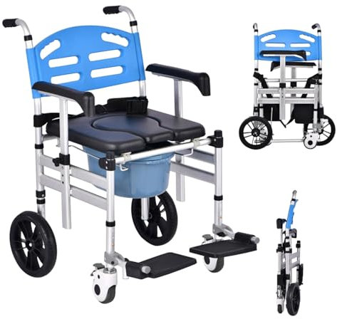 YMAOMAO Commode Chair with Wheels, Foldable Mobile Toilet Shower Stool Ergonomic Seat with Armrests Commode Chair Bucket with Lid Resistant Bucket Easy to Pull Out