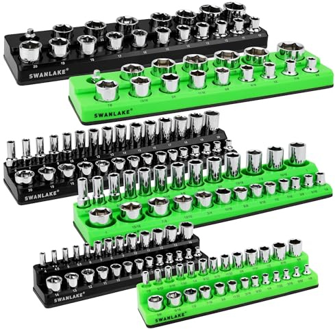 Magnetic Socket Organizer Set, 6-piece 1/4, 3/8, 1/2 SAE & Metric Sockets Holder, Drive Socket Trays, Storage Tool Box, Holding 143 Slots, Soft Rubber Covering Black Green Tools