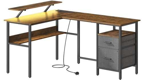 VASAGLE Rustic Brown L-Shaped Computer Desk with Monitor Shelf, LED Lights, 2 Drawers, 2 USB Ports, Easy to Assemble, for Home Office