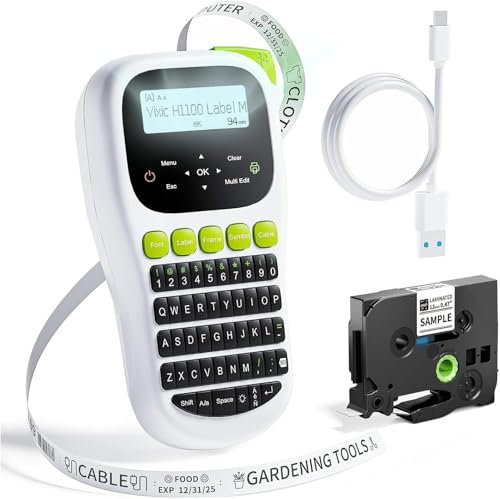 Vixic H1100 Etikettendrucker, Etikettiergerät mit QWERTY Tastatur, Beschriftungsgerät Selbstklebend für 3,5 bis 12 mm breite BZ-Schriftbänder für Büro Hause (Weiß-Grün)