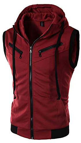 Mens Boys Sleeveless Hooded Mens Sleeveless Gym Vests Zip Hoodies Men's Vest Running Sleeveless T-Shirt Summer Casual Muscle Hoodie Wine