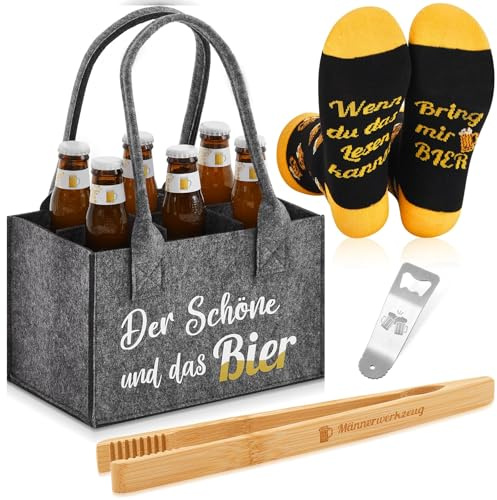 SATINIOR 4 Piezas Set de Regalo de Cerveza para Hombre Incluido Bolsa para Botellas de Hombre de Fieltro con 6 Compartimentos Pinzas para Asar Abrebotellas Calcetines(Der Schöne und Das Bier)