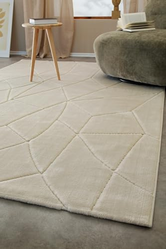 WECONhome Kurzflorteppich – Moderner Teppich mit weicher Haptik & geometrischem Linienrelief – OEKO-TEX zertifiziert, Pflegeleicht & geeignet für Fußbodenheizung - Unplugged (80 x 150 cm, sand beige)