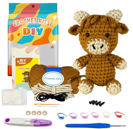 RHBTH Kit de introducción a ganchillo (para principiantes), amarillo-marrón, vaca escocesa, juego de punto, kit para niños y adultos