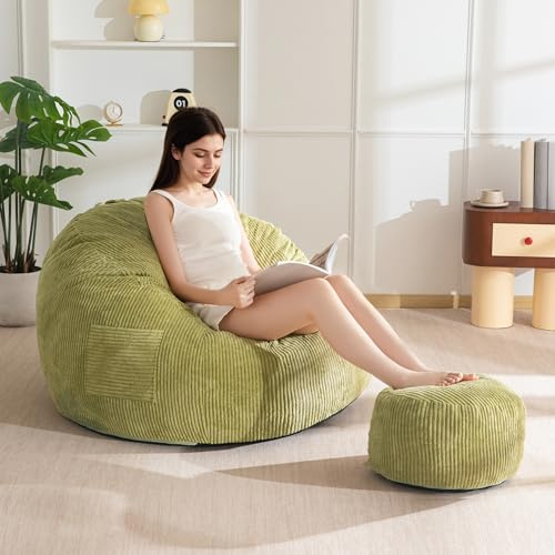 MAXYOYO Sillón Puff de Pana con Reposapiés para Adultos y Niños, Sofá Puff y Puf con Relleno de Espuma, Sillón con Asa para Sala de Estar, Dormitorio, Juegos, Lectura y Relajación