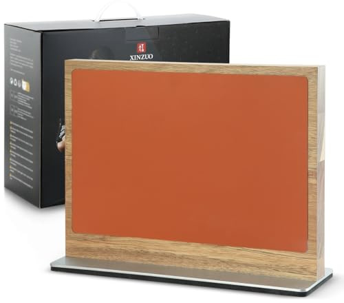 XINZUO Bloque Cuchillos Magnético Madera de Acacia -Cubierta de Cuero Bicolor -Sin Cuchillo -Soporte Magnético Doble Cara Iman Extra Fuerte -Base de Acero Inoxidable -Porta Cuchillos de Cocina