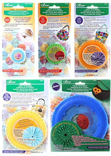 Bundle of Five (5) Quick Yo-Yo Makers: Extra Small (makes 3/4 yo-yos), Small (makes 1.25 yo-yos), Large (makes 1.75 yo-yos), Extra Large (makes 2-3/8 yo-yos), and Jumbo (makes 3.5 yo-yos)