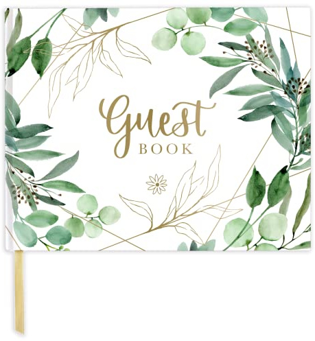 bloom daily planners Wedding Guest Book (120 Pages) Guest Sign-in Book Guest Registry Guestbook - White Cover with Gold Foil, Gilded Edges and Gold Page Marker Hardbound 7 x 9 (Eucalyptus)