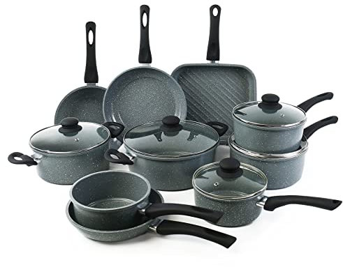 URBN-CHEF 10pc Forged Carbon Steel Marble Grey Pots Pans Frying Pan Cookware Set
