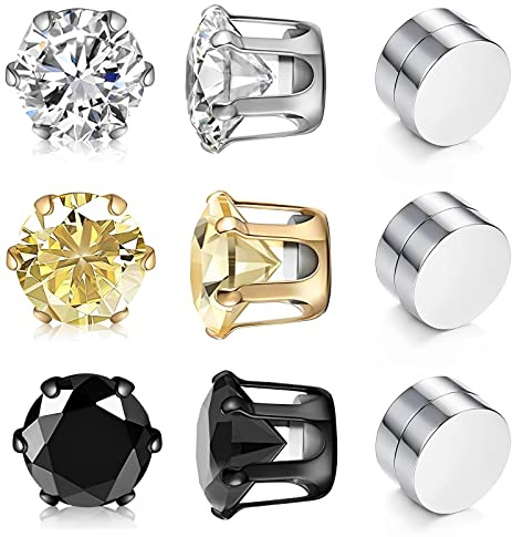 Xinjieda 3 Pairs Magnetic Earrings for Men Magnetic Earrings clip on earrings men Set, Non Pierced Magnet Design Fake Ear Stud Stainless Steel Mens Earrings Diamond Magnet Earrings for Men Gift