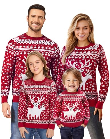Namatime Jersey navideño Divertido para Mujer, Hombre, niños, suéter de Navidad, Cuello Redondo, suéter de Punto con Reno Puro, Unisex, Conjunto de Navidad, para Hombre Rojo., XXL