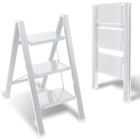 Eulenke Escabeau 3 marches, Pliant en Aluminium Pliable, échelle Pliante Portable, escabeau avec pédale antidérapante, marchepied ménager Pliable en échelle, escabeau léger jusqu'à 150 kg, Blanc