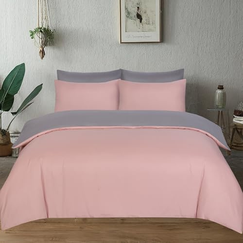 J.Din Double Blush Pink and Grey Duvet Cover Set Soft Brushed Microfiber | Plain Dyed Reversible Bedding with Matching Pillowcase
