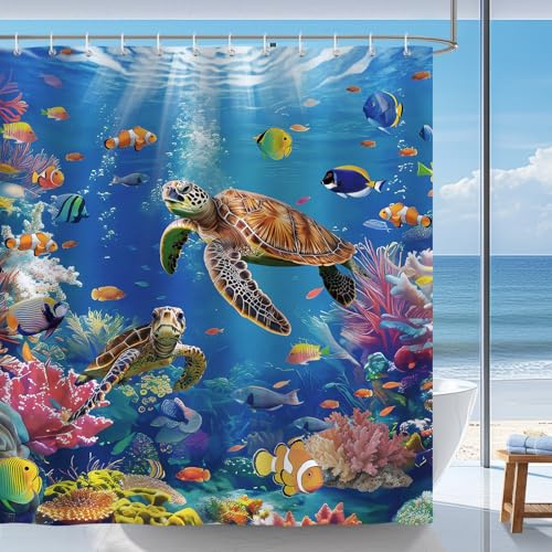Bonhause Duschvorhang Unterwasserwelt Blau Ocean Tropischer Fisch Duschvorhänge 180 x 180 cm Anti-Schimmel Wasserdicht Polyester Stoff Waschbar Bad Vorhäng für Badzimmer mit 12 Haken