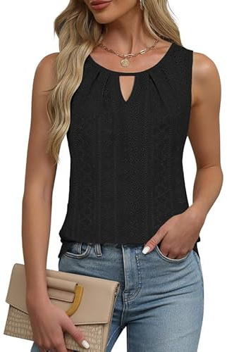 Sukuglam Canotta da Donna Elegante Magliette Estive Senza Maniche Canottiera Ricamo a Occhiello Tank Top Sexy Scollo a Buco Canotte Casual Sciolto Basic Tops