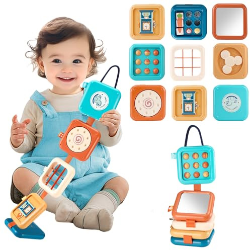 Quuylin Juguetes Montessori, 8 en 1 Cubo de Actividad motriz para bebé, Tablero Actividades Sensorial Montessori, Juguete de Viaje Ideal para Viajes, Juguetes Educativos Regalos para Niños 2 3 años