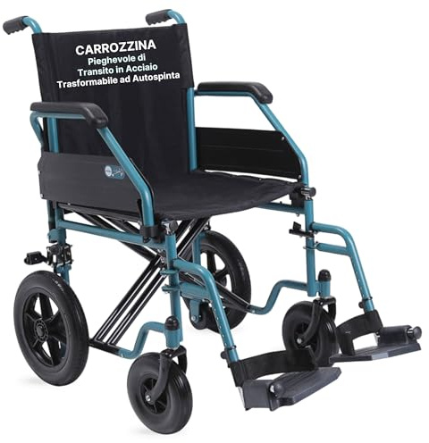 REMEDIA ONE - Sedia a Rotelle Pieghevole Leggera da Transito, Carrozzina per Disabili in Acciaio Predisposta per Autospinta - Seduta 43 cm, Azzurra