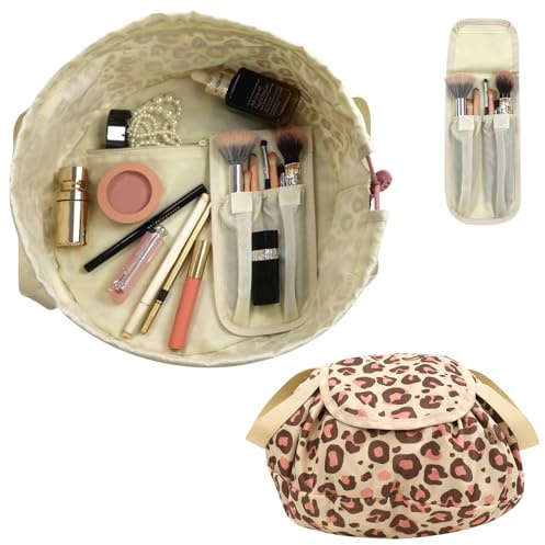 SUMBABO Drawstring Cosmetic Bag for Women - Barrel Drawstring Makeup Bag Lay Flat for Travel Toiletry Bag with Brush Bag (Pink Leopard)