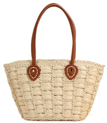Stråväska Halmhandväska Tygväska Kvinnor Handgjord Sommarstrand Med PU-läderrem För Kvinnor(Beige)