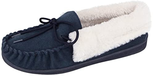 Cushion Walk Ladies Real Suede Leather Faux Sheepskin Fur Lined Moccasin Slippers Size 4-8 (UK 4/ EU 37, Navy)