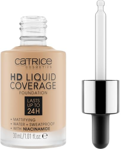Catrice HD Liquid Coverage Foundation, Make Up, hält bis zu 24 Stunden, mattierend, Zweite-Haut-Effekt, Nr. 032 Nude Beige, nude, langanhaltend, mattierend, matt, vegan, ölfrei, wasserfest (30ml)