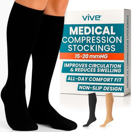 Vive Knee High Compression Socks for Women & Men – 15-20mmHg Medical Support Stockings for Varicose Veins, Swelling, Soreness & Airplane Travel – Breathable TED Hose for Legs & Feet, Pregnancy (Black)