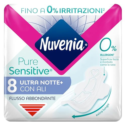 Nuvenia - Assorbente Pure Sensitive Ultra Notte con Ali - Superficie Delicata per Pelli Sensibili - Confezione da 8 Assorbenti