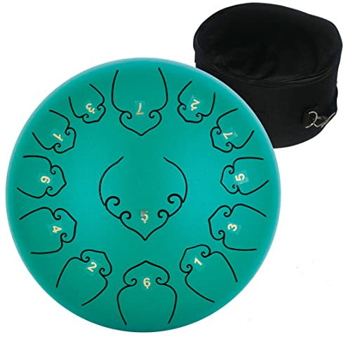 Amkoskr Stahlzungentrommel, 12 Zoll 30 cm Steel Tongue Drum, C-Dur 13 Noten, Handtrommel HandPan Drum mit Drumsticks/Tragetasche(Grün)
