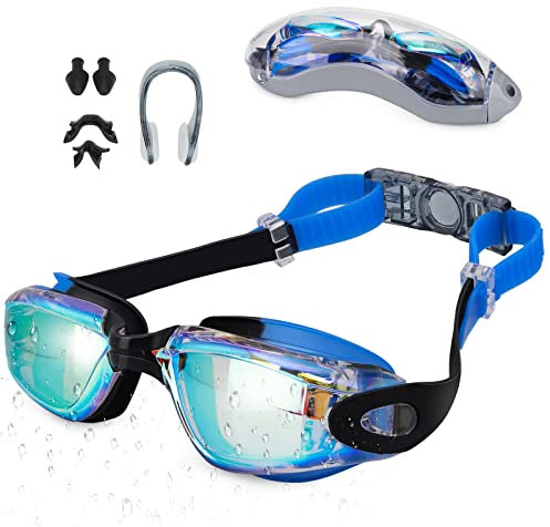 Hippodance Lunettes de Natation,Lunettes de Natation à Verres Polarisés Anti-buée et Protection UV pour Hommes Femmes Adultes Adolescents(bleu)