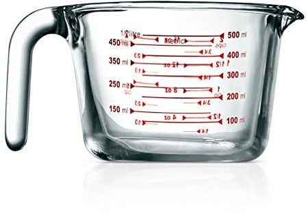 NutriChef High Borosilicate Glass Measuring Cup with Customized Decal Scale, 500 ml, Safe to Use in Microwave and Freezer, Oven and Dishwasher Safe