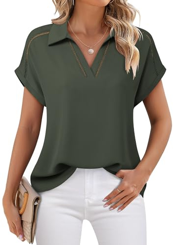 Timeson Work Tops for Women Business Casual： Womens Short Sleeve Blouses Summer - Professional Office Attire Collared - V Neck Dress Shirts Sheer Chiffon Silk Ladies Interview Outfit Chive Green M