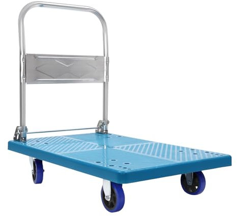 WOLEGM Chariot à plateforme pliable avec capacité de 300 kg - Chariot à bagages avec 4 roues - Chariot portable pliable pour bagages, personnel, voyage, déménagement et bureau (300 kg) - Bleu