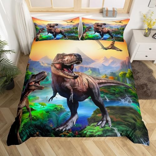 Homewish Housse de Couette Dinosaure 200x200 Enfant Parure de Lit Ado Garçon, Ensemble de Literie Dino Jungle Housse de Couette Animaux Anciens en 3D, Décoration de Chambre en Dinosaures