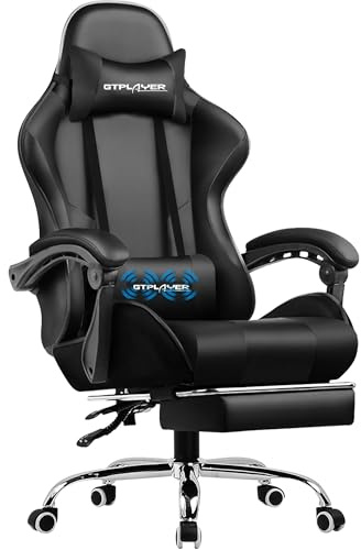 GTPLAYER Gaming Chair, Massage Ergonomic Computer Chair with Footrest, Lumbar Support, Headrest, Height Adjustable Home Office Reclining PC Racing Chairs Black
