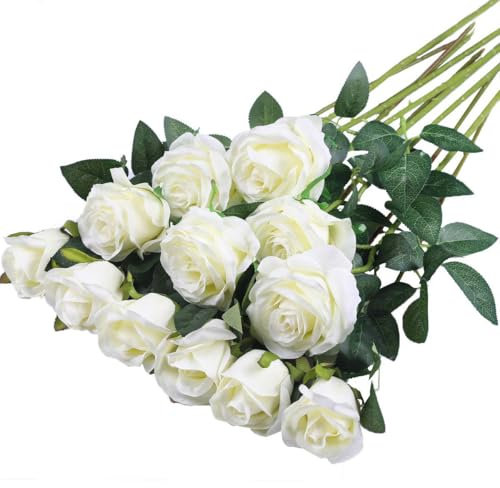 XoeLLe 12 Pièces Rose Artificielle, 51 cm Fleurs Artificielles Deco, Rose Eternelle, Réalistes Fleur Sechees Decoration, Decoration Voiture Mariage, pour Mariage, Maison, Bouquets de Mariée (Blanc)