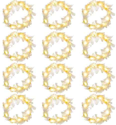 LED Feder Stirnbänder,12 Stück Haarkranz Feder,LED Blumenkranz,Leuchtende Haarkränze,Leuchtendes Haarreif,Party Kopfschmuck Leuchtend,Blumenkranz Haare für Festivals Hochzeiten Party Zubehör