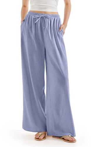 SUUKSESS Women Wide Leg Flowy Linen Pant with Pockets High Waisted Casual Lounge Palazzo Pant (Striped Blue, M)
